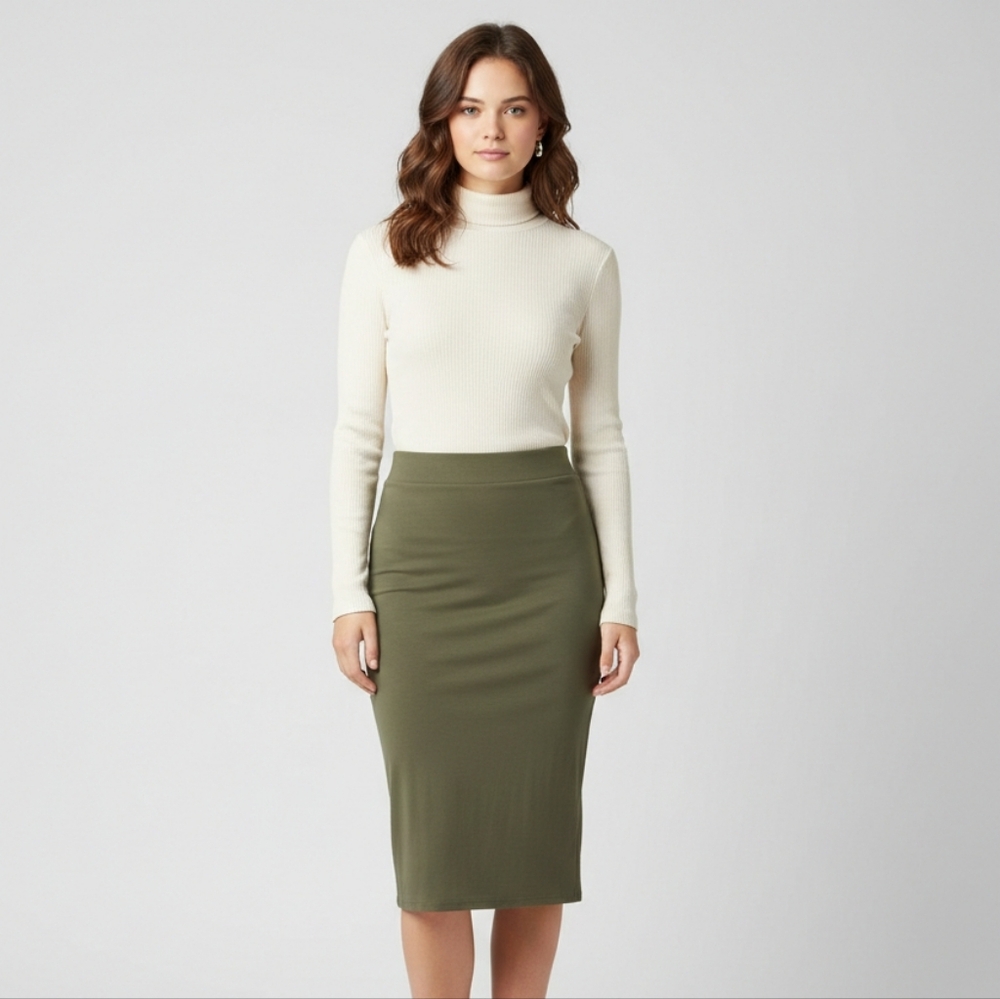Bar III Medium Olive Green Midi Spandex Skirt, Comfortable elastic band. NWOT